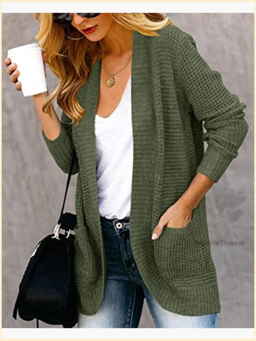 Lightweight Acrylic Nylon Waffle Knit Cardigan with Pockets